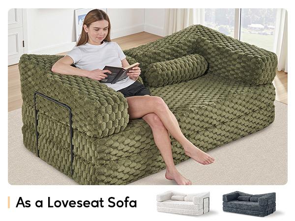 【Ships in 2 Boxes】 AMERLIFE Foldable Sofa Bed, Convertible Floor Sofa with Plush Faux Fur, No Assembly Mattress Couch for Living Room, Apartment, Bedroom