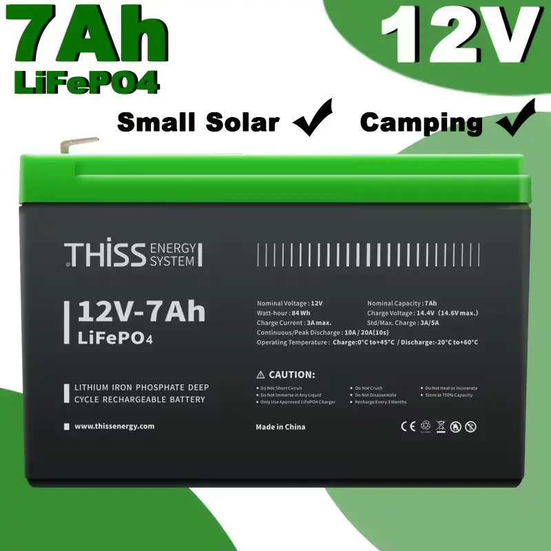 12V 7Ah LiFePO4 Deep Cycle High Capacity Emergency Solar Lithium Rechargeable Battery, Built-in BMS, Ideal for Home Backup Power & Off-Grid Storage, Emergency Solar Battery, High Capacity Battery
