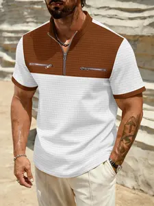 Men's Waffle Knit Short Sleeve Top, Colorblock Half-Zip Stand Collar with Zip Pockets, Casual Streetwear T-Shirt, Trendy Fashion