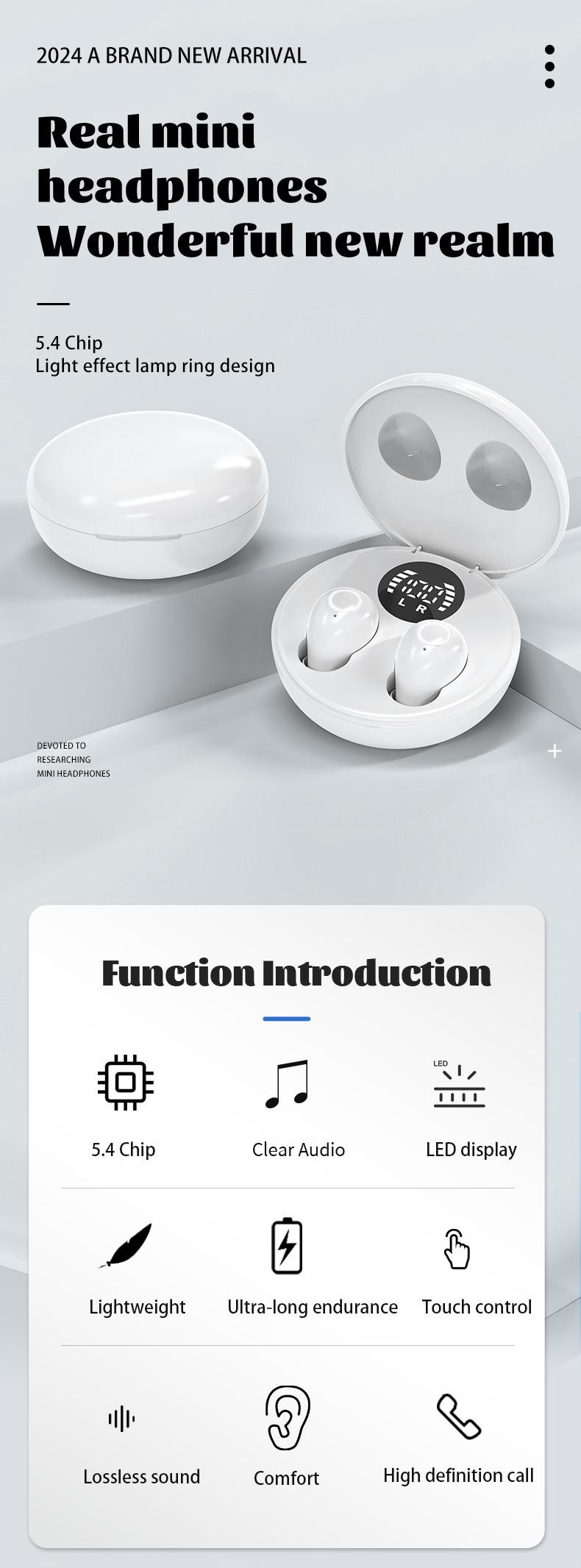 Wireless sleep earphones, mini Bluetooth earphones, touch operation, silicone in ear for long-term wear, LED digital display, high-definition sound quality, compatible with smartphones, noise cancelling earphones suitable for sleep, work, and gaming