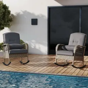 Outdoor Wicker Rocking Chair, Patio Rattan Rocker Chair with Cushions & Steel Frame, All-Weather Rocking Lawn Wicker Furniture for Garden Backyard Porch,Gray
