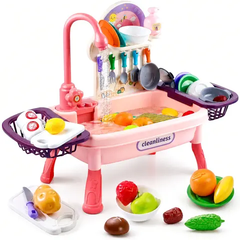 Kids Play Sink with Running Water, Kitchen Sink Toy with Electric Circulating Faucet, Dish Drying Rack and 28 Accessories, Pretend Play Dishwashing Set with Toy Food, Pink