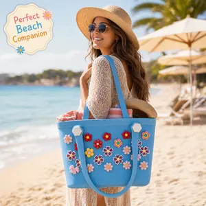 Cute Waterproof Lunch Tote Bag with DIY Flower Charms - Reusable Insulated Lunch Box Bag for Women, Multifunctional Tote for Beach, Picnic, Fruit Storage & Daily Use