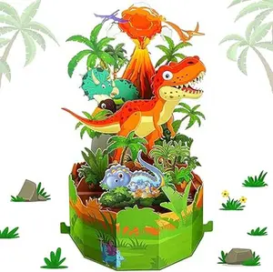 Dinosaur Birthday Card for Kids Pop up Birthday Cards 3D Paper Handcrafted Greeting Card Volcano Funny Gift for Son Children Nephew Grandchild on Any Occasion, Envelope and Note Card Included