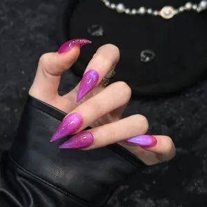 Purely handmade false nails: hot pink gradient press-on nail patches; thin high heels; glitter cat-eye effect; dragon claws, cat claws, and beast claws; reusable false nails.