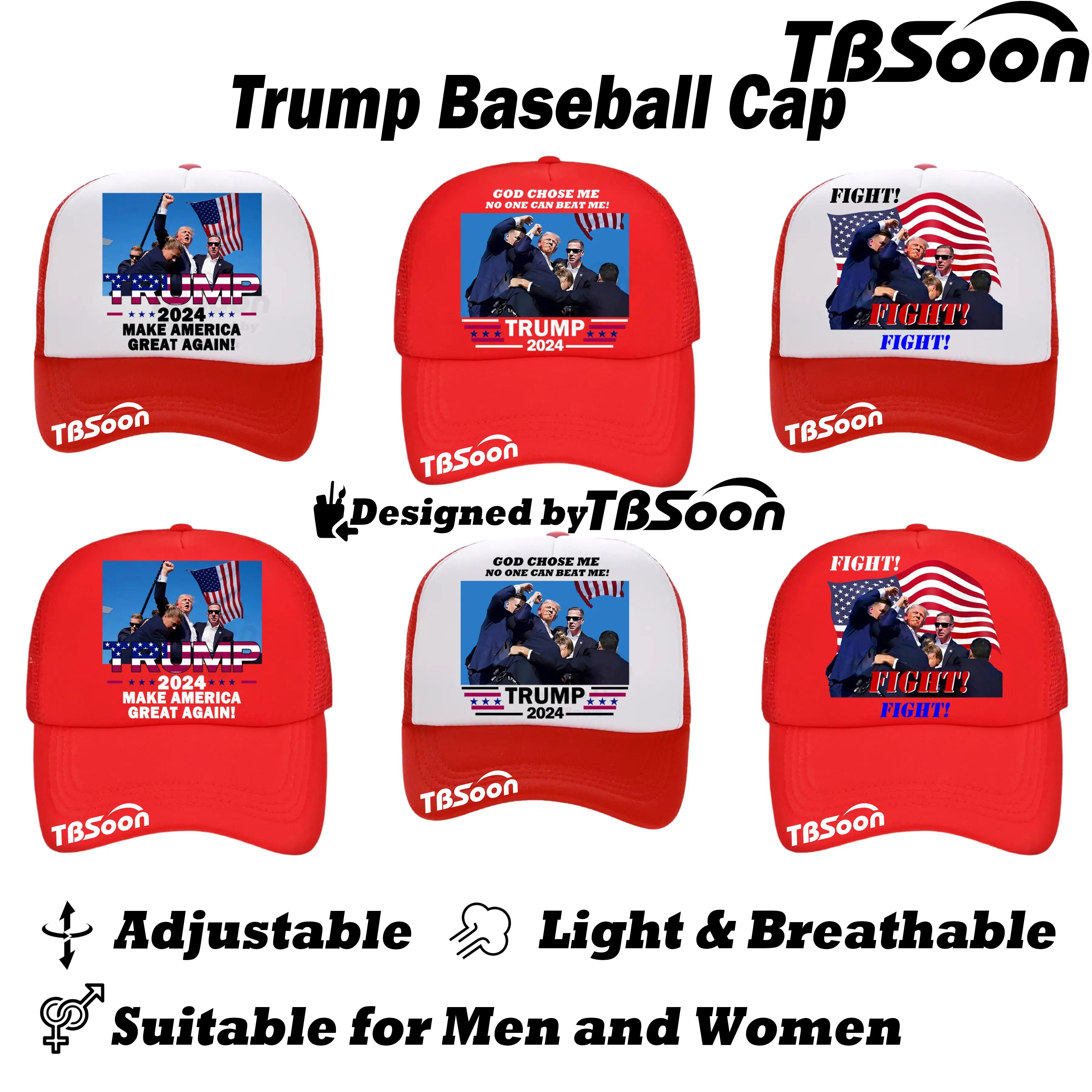 [TBSoon] Trump Baseball Cap, Trump Survived Shot Collectible Cap, 3 Pictures 2 Colors, Adjustable, Trump 2024, Make America Great Again, God Chose Me, Trump Fight! Trump Ear Bullet-Proof PA Pennsylvania Shot Shooting, Trump Supporters, TBSoon Baseball Cap