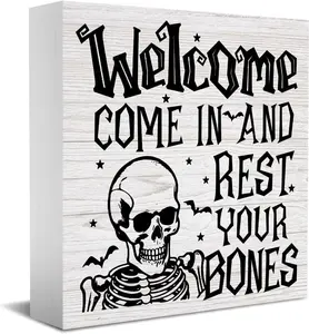 Halloween Decorations Home Farmhouse Decor, Halloween Decor Horror Skull Decor Wooden Box Sign Bedroom Kitchen Living Room Office Decor Desk Cubicle Counter Decor Accessories, Spooky Home Decor, White 596