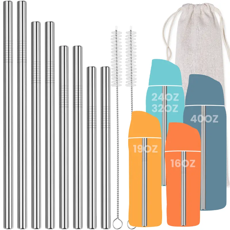 NiHome 8PCS Durable Stainless Steel Straight Straws Set - Sturdy, Heat-Resistant Kitchenware Bar Utensils, 4 Lengths, Travel Portable for Owala Various oz. Bottles, Easy to Clean, with Cleaning Brush & Storage Bag