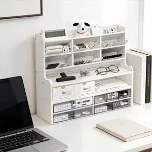 Multilayer Desk Organizer with Drawers and Tilted Pen Holder, Elevated Bookcase, Matte White PVC Material, Space-Saving Storage for Stationery, Cosmetics, Office Supplies, Modern Desktop Organizer for Home, Dorm and Office, Office Desk Accessories