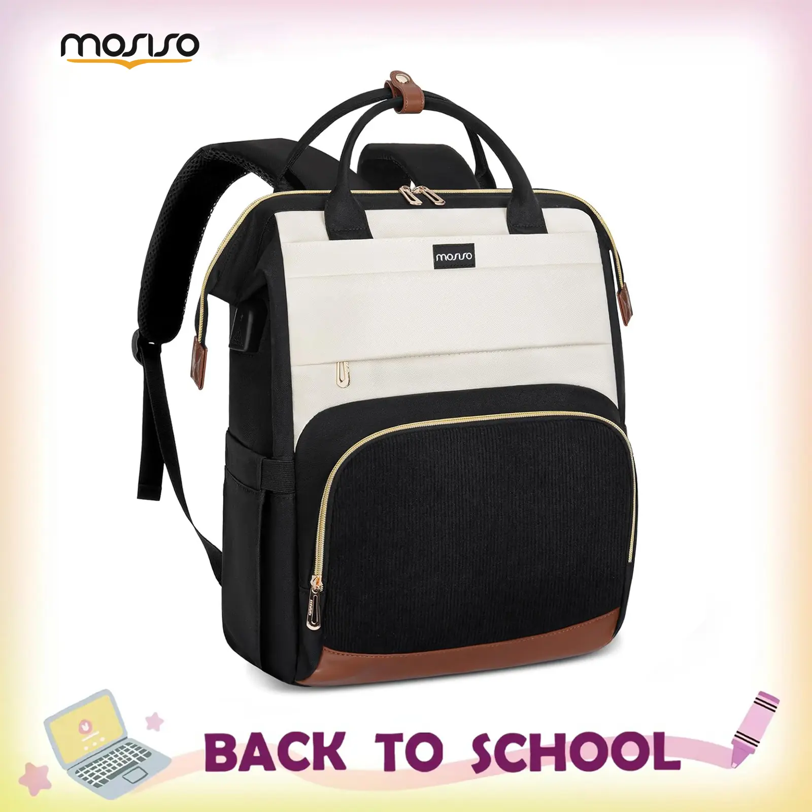 MOSISO Women's 15.6 Inch Laptop Backpack, Casual Colorblock Nylon Travel Daypack with USB Port, Adjustable Shoulder Straps, Luggage Strap, Anti-Theft Back Pocket, Lightweight Multi-Compartment Bag for College-Work, 14.96×11.81×5.9in Zip Closure