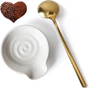 Coffee Spoon Rest for Coffe Bar Accessories, Ceramic Spoon Holder for Coffee Station, Small Spoon Rest for Kitchen Counter, Cute Coffee Bar & Corner Space Decor (Comes with Gold Coffee Spoon)