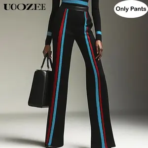 UOOZEE Women's Fitted High-Waist Full-Length Straight Contrast Color Striped Teal Pants with Pockets - Versatile Bottoms for Office Meetings, Urban Events, Matching Blazer, Turtleneck, Tee, Silk Camisole (Hip Runs Small - Check Size Guide or Order Larger)