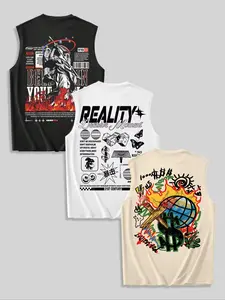 Men's Letter & Butterfly & Dollar Print Round Neck Top, Regular Fit Casual Sleeveless Printed Crew Neck Top, Men's Clothes for Summer Daily Wear, Tank Top Casual