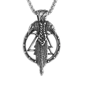 HZMAN Norse Viking Crow Pendant Stainless Steel Odin Valknit Necklace Pagan jewelry