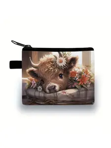 All-over printed coin purse with rose & cow pattern