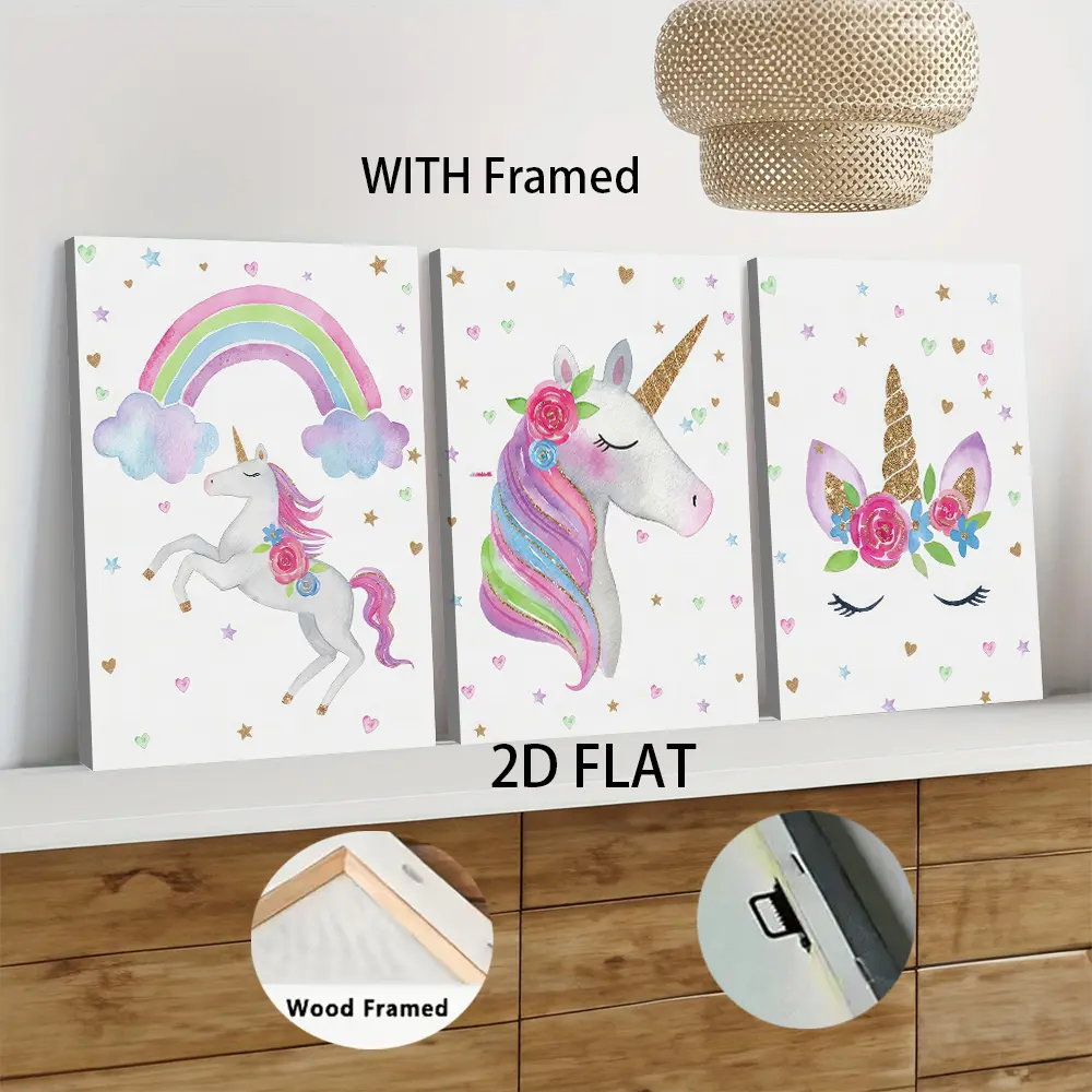 3pcs Framed  Kids Room Cartoon Decorative Painting Unicorn Rainbow Canvas Wall Art with Solid Wood Frame Modern Minimalist Bedroom Living Room Wall Decoration Nordic Style Home Wall Art Mural 2D Flat Art Prints Above Bed Wall Decor
