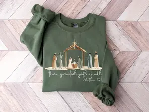 The Greatest Gift Of All Sweatshirt, Christian Nativity Scene Crewneck, Matthew 1:21 Bible Verse, Faith Christmas Gift, Religious Sweater