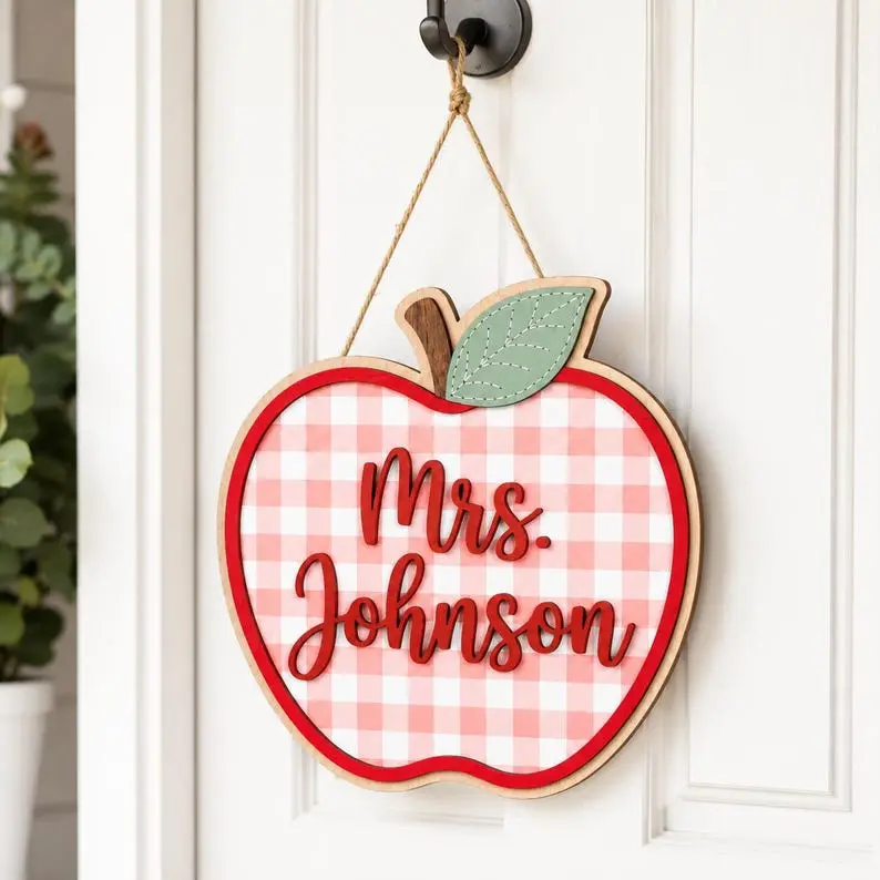 Personalized Apple Gingham Teacher Door Sign, Teacher stuff, Custom Teacher Name Plaque decor classroom, Welcome To Our Classroom Sign, Back to School Gift, Teacher Gifts