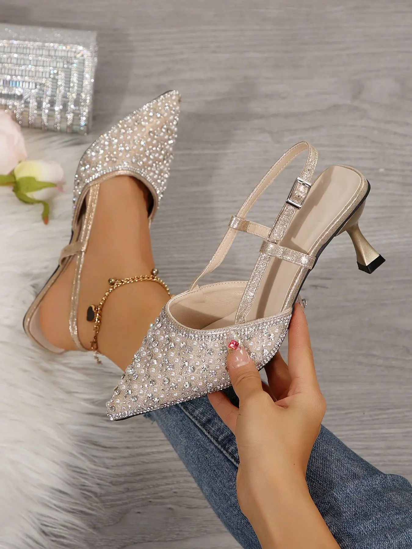 Spring Summer New Korean Style Women's Rhinestone & Artificial Pearl Pointed-Toe Slingback High-Heel Sandals, Stiletto Fine Heel Shoes for Dates, Parties, Commute & Business