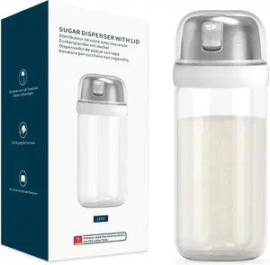 KITCHENDAO Glass Sugar Dispenser with Side Pour Spout, Built-in Lid to Slow Down Dampness with Mearsuring Marks, Elegant Borosilicate Glass Sugar Shaker, BPA Free,12oz (White)