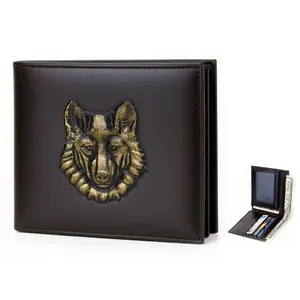 Men's Full-Grain Leather RFID Wallet with Hand-Carved Wolf Design Bifold Deep Brown Wallet 2 Bill Compartments 6 Card Slots ID Window Slim Wallet for Men