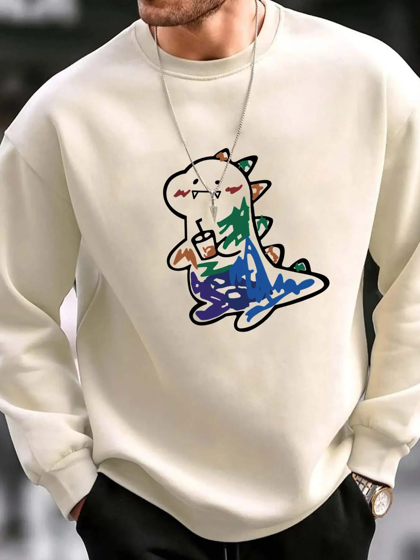 Unisex Men's Colorblock Dinosaur Print Drop Shoulder Sweatshirt, Fall Clothes, 2000s Clothes, Loose Fashion Crew Neck Long Sleeve Pullover Street Wea
