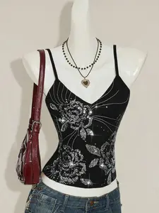 Y2k Summer Women Going Out Vintage Boho Fashion Vacation Glitter Sparkly Summer Floral Embroidered Sequin Camisole Top Sequin Tank Top Women Tank Top Y2k Tank Top Goth Tank Top Tank Top With Bra
