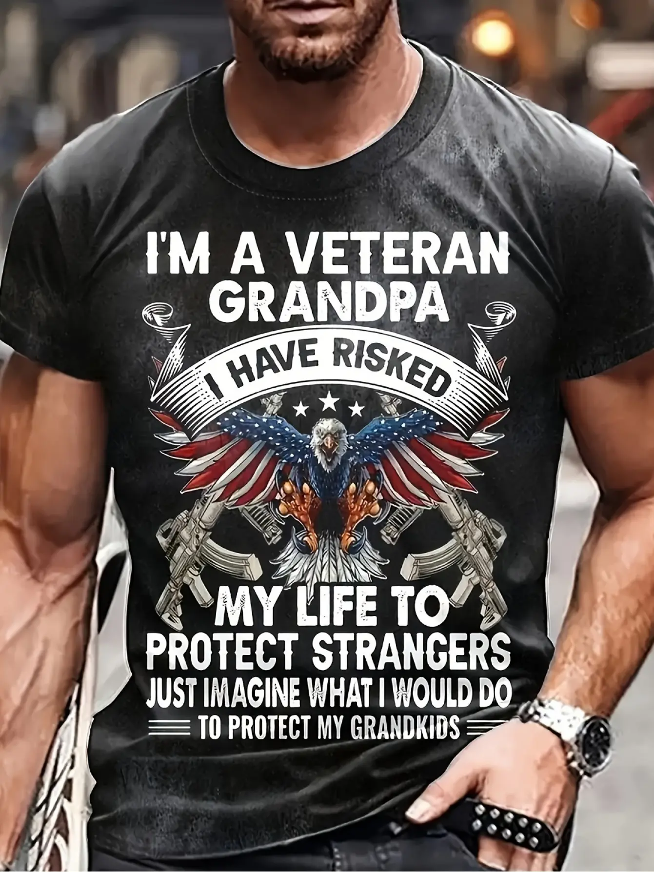 Men's Big & Tall  Cotton T-Shirt - "I'm A Veteran Grandpa" Patriotic Eagle & American Flag Graphic, Soft Breathable Streetwear Tee, Machine Washable Casual Shirt for Spring Summer Fall, Ideal Gift for Dad Grandpa Veterans, Grandpa T Shirt, Everyday Co