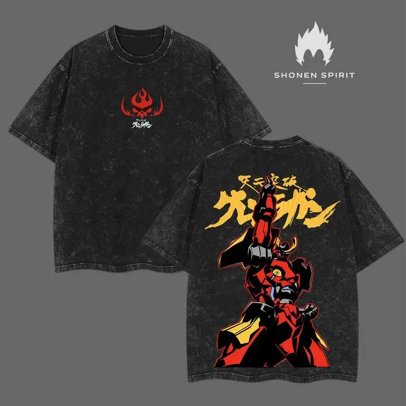 Vintage Washed Heavyweight Cotton Gurren Lagann Oversized Tee | Double-Sided Kamina & Simon Mecha Graphic Print | Anime Streetwear Gym Pump Cover | Retro Otaku Drip Top