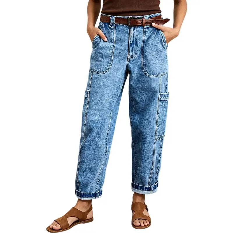 Flamingals Wash Patch Pocket Roll Hem High Rise Crop Tapered Jeans Without Belt Womenswear Stretchy 24.2" Inseam