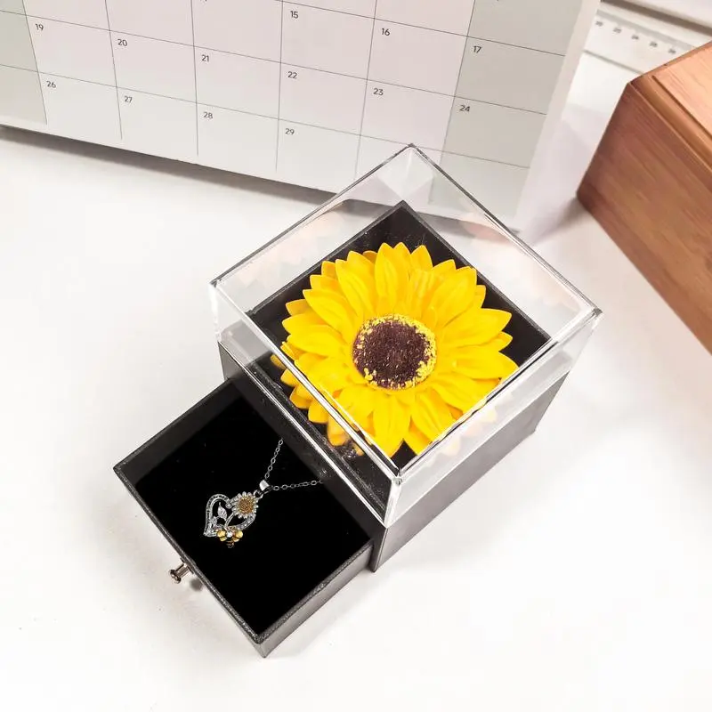 Modern Acrylic Jewelry Organiser Box with Artificial Sunflower and Necklace Gift Set, Decorative Display Case for Valentine's Day, Sunflower Necklace Set, Jewelry Storage, Decorative Items, Free Labeling, Logo Ordering, Supports Logo Ordering, Jewelry Dis