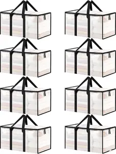 Premium Extra Large Moving Bags Heavy Duty Clear Storage Totes Waterproof Flexible Woven Fabric Reinforced Handles Zipper Reusable Packing Bags for Moving Clothes Dorms Home Organization