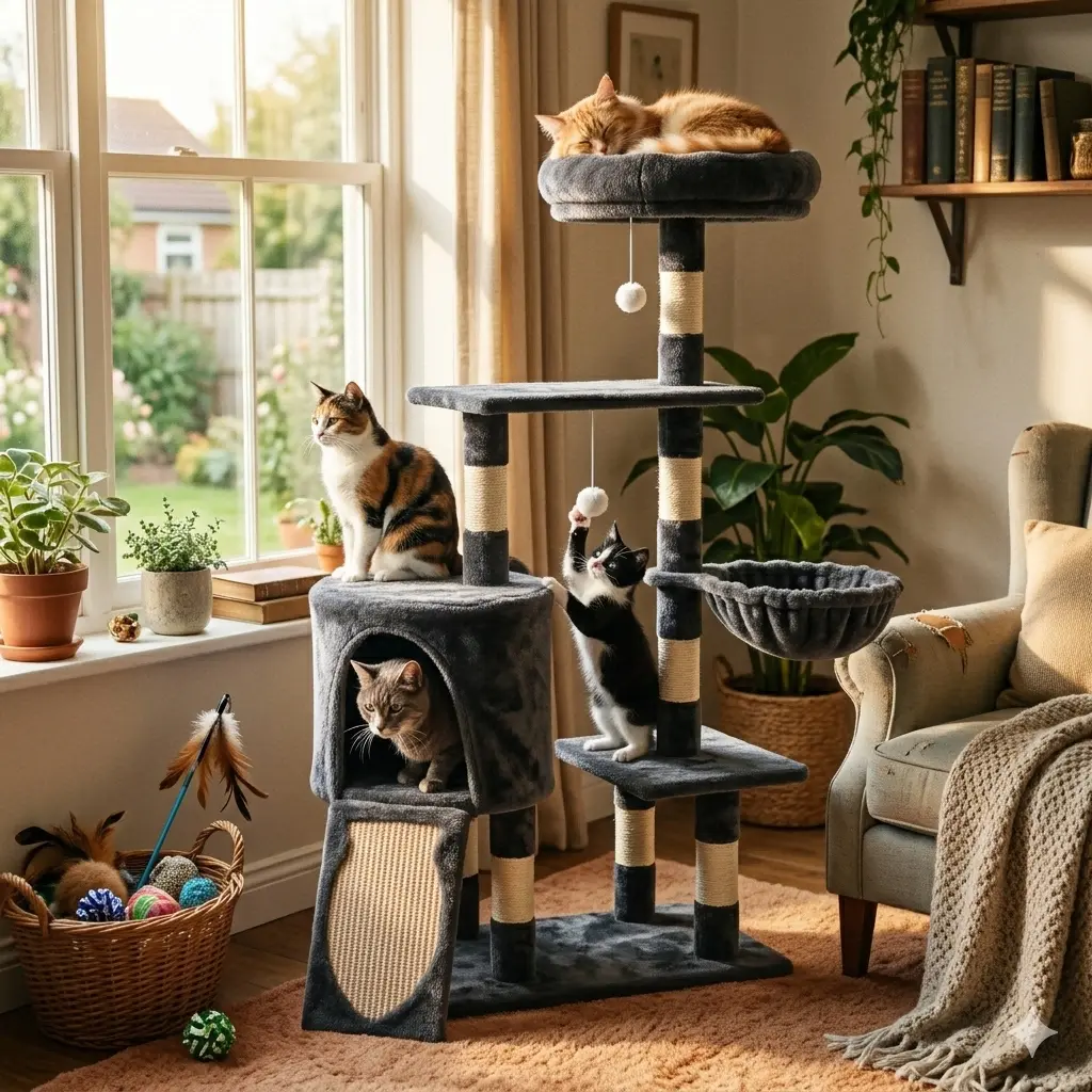 Heybly 43.3in Space-Saving Smoky Gray Cat Tree Condo Tower HCT004SG - Durable Sisal Rope Scratch Post, Padded Perch, Cozy Hammock, Toy-Included Pet Furniture for Indoor Cats