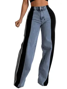 Womens Jeans with Patchwork Stripes High Waisted Stretchy Denim Color Block Straight Wide Leg Trendy Jean Stripes High Waisted Jeans Color Block Floor Length Wide Leg Denim Pants Stretch Baggy Jeans Long Pants tiktokshopspringglowup