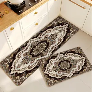 Vintage Brown Persian Kitchen Mat Non-slip Rubber Backing Floor Rug Non-woven Fabric Runner for Sink Entryway Traditional Oriental Floral Washable Indoor Area Carpet Water Absorbent Stain Resistant Low Profile Home Decor stylish