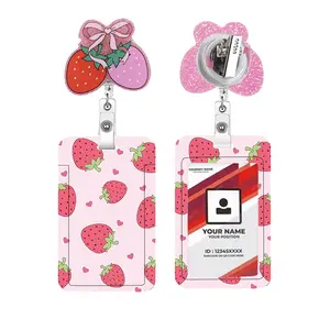 Sweet Cute ID Badge Holder Set, Retractable Badge Reel, Rotating Clip, Shiny Strawberry Pattern, Nurse Badge Reel, Office Supplies for Healthcare Workers