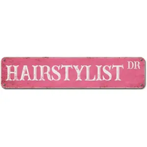 1PC Vintage Pink and White Hair Stylist Sign - Vintage Farmhouse Wall Decoration, Home Decor Products, Suitable for Office or Home Easy to Install 4x 16inch Metal Poster, Salon Wall Decoration, Rustic Metal Sign, Weathered Look, Metal Wall Art Decoration