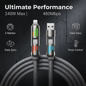 240W 4-in-1 Fast Charging Cable with LED Indicator, USB-C & Lightning Multi Charger Cord, E-Marker Chip, 480Mbps Data Sync for iPhone, iPad, Samsung, Laptop