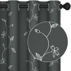 Deconovo Blackout Curtains,  Silver Wave with Flower Leaf Foil Print Curtain, Light Reduction Solid Grommet Drapes for Bedroom, 2 Panels curtain
