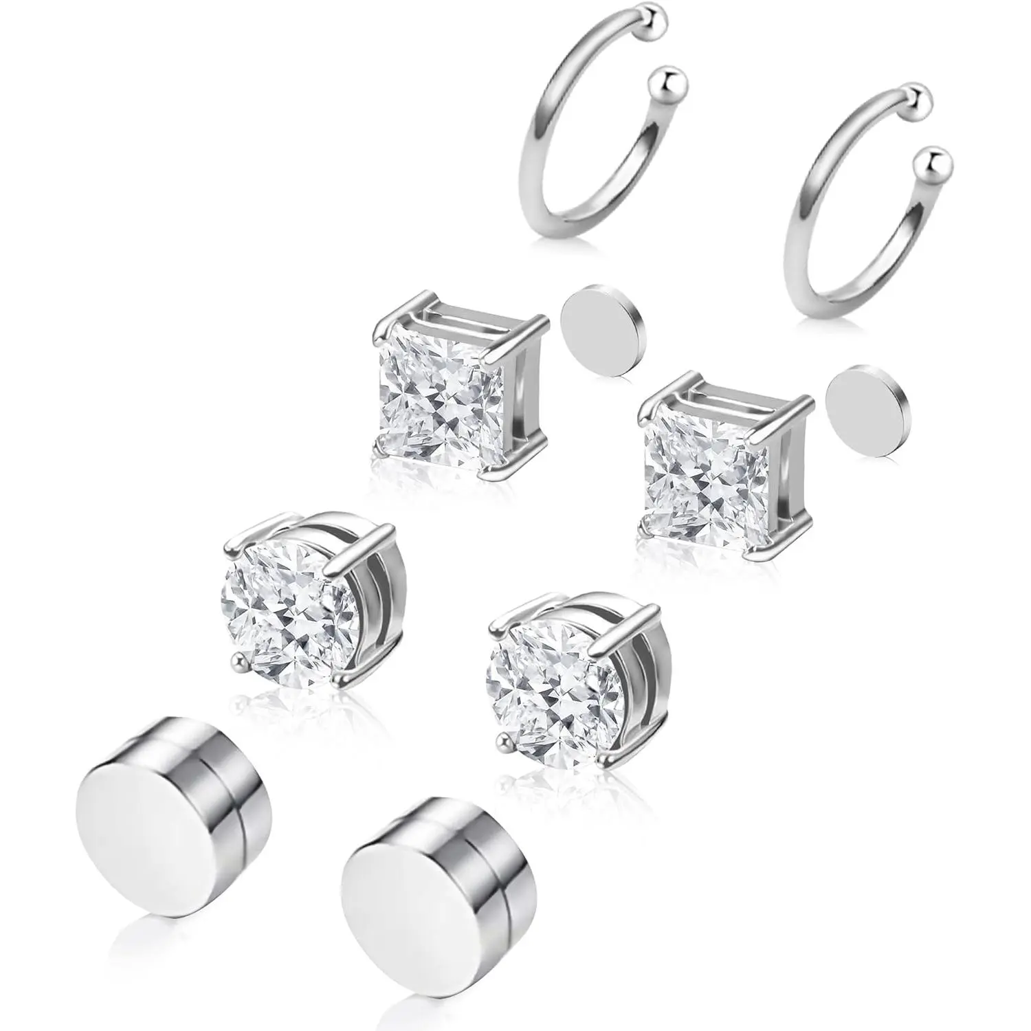 Magnetic Earrings for Men and Women, 4 Pairs Clip on Earrings Stainless Steel Stud Earrings  Cubic Zirconia Studs Small Non-piercing Silver Ear Cuff Black  Earring Set 6-8MM