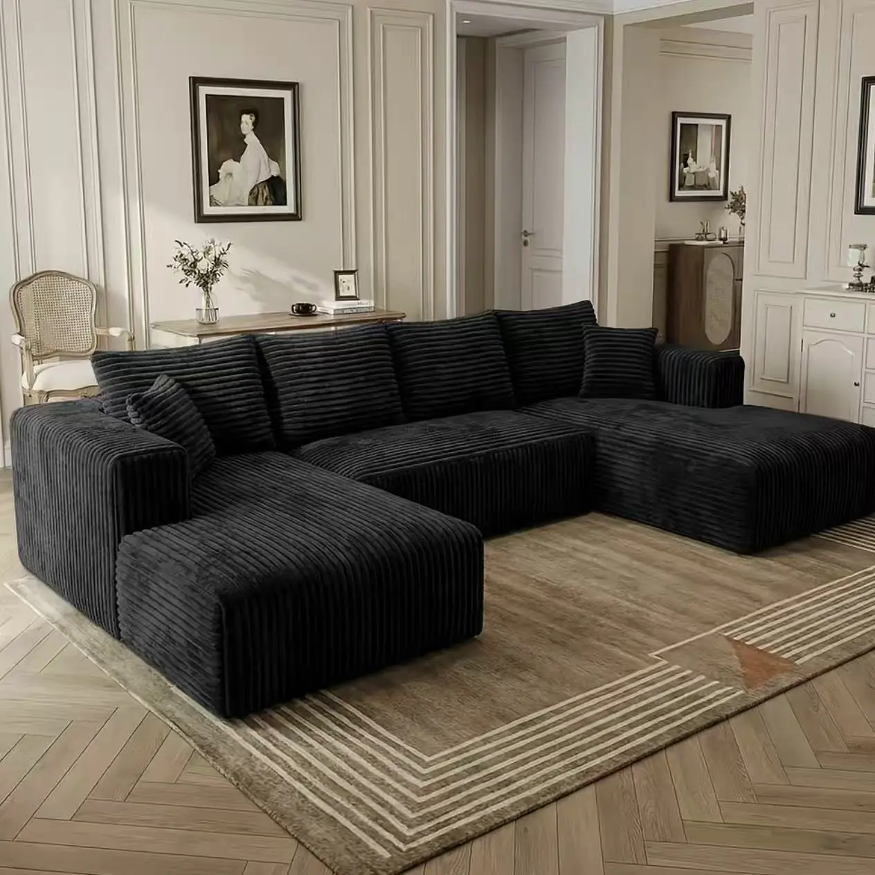 Vipworld 132" Boneless U-Shaped Modular Corduroy Couch, Removable Washable Fabric, Convertible Sofa Bed, No Assembly, 6 Free Throw Pillows【2 Packages Shipping】