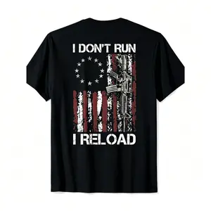 100% Cotton American Flag Patriots T-Shirt - 'I Don't Run I Reload Gun' Design, Short Sleeve, Round Neck, Machine Washable