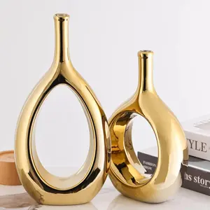 Glossy Gold Ceramic Vase Set of 2 – Modern Hollow Circle Flower Vases for Table Centerpieces, Farmhouse, Fireplace, Living Room, Bedroom
