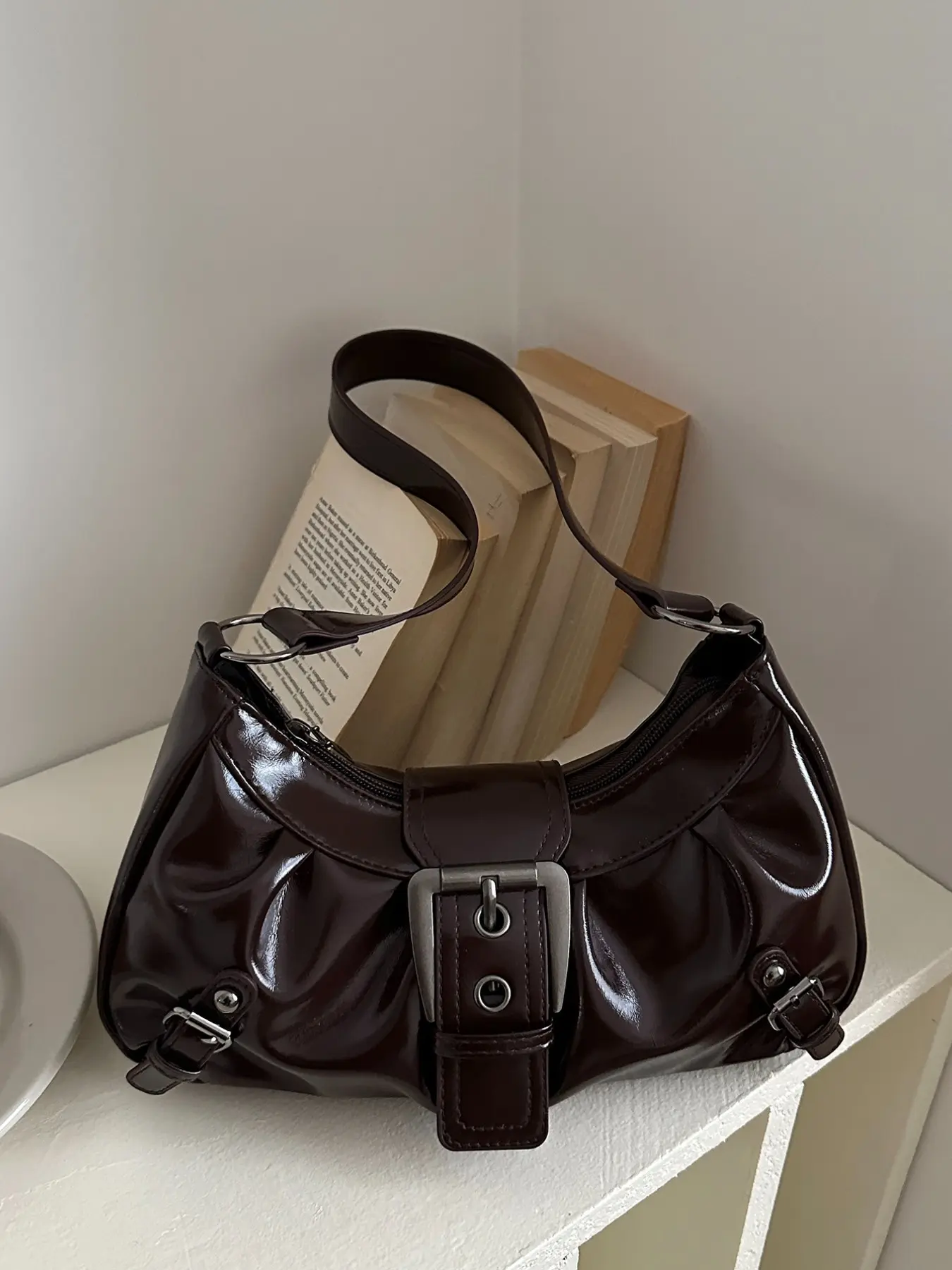 Fashionable Women's Half Moon Handbag, Elegant Patchwork Design, PU Material, All-Season Commuter Shoulder Bag, Simple and Stylish, Half Moon Purse