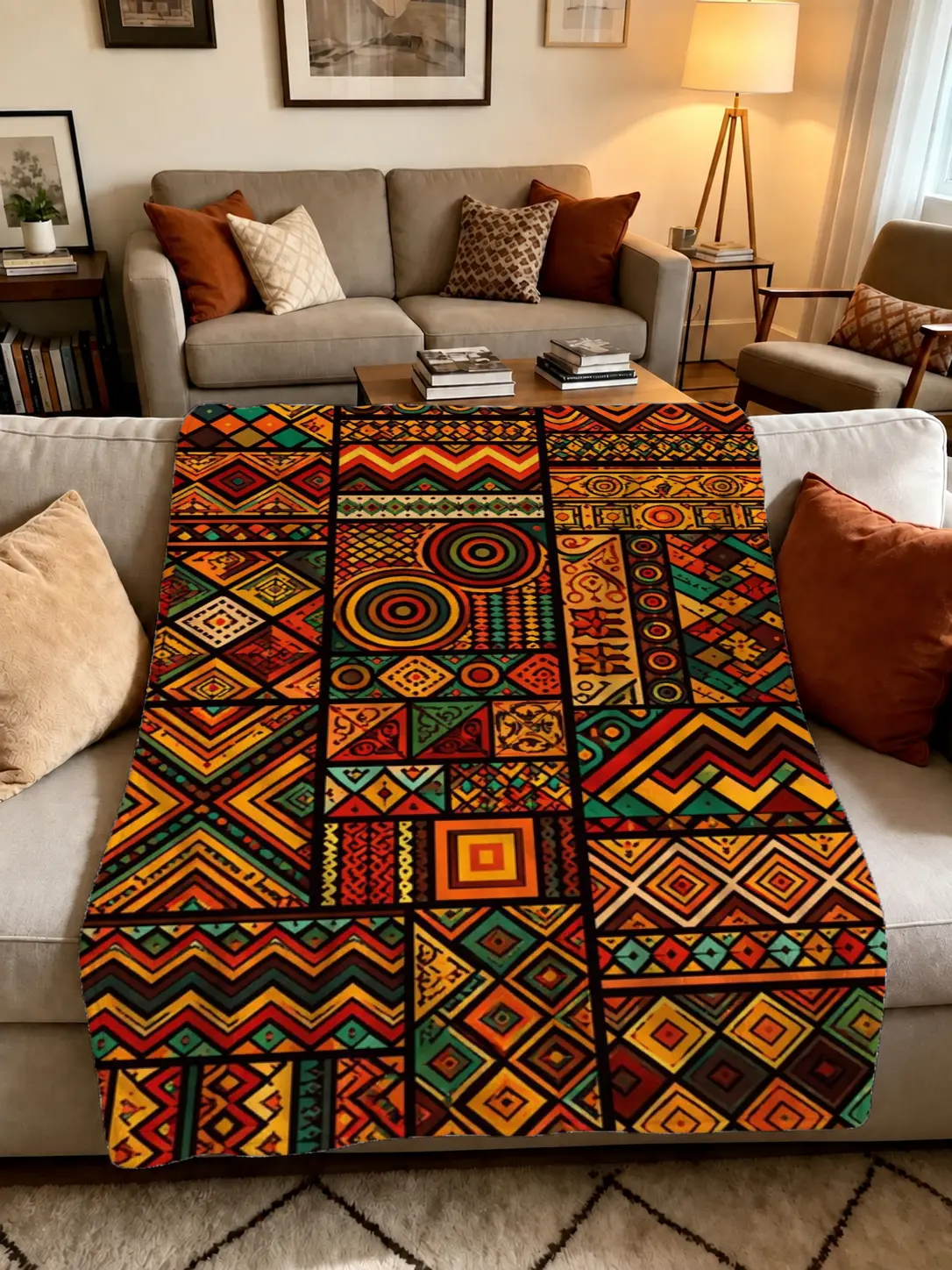 1Pcs Tribal Geometric Patchwork Throw Blanket - Bohemian Vintage Aztec Soft Flannel Fleece Cotton, All-Season, Home & Travel, Indoors/Outdoors, Blanket Decor, Decorative Woven, Soft Vibes for Couch, Christmas Gift