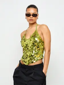 Metallic Sequin Halter Cami Top Festival Party Club Wear Evening Cocktail Dancing Sparkly Crop Tank