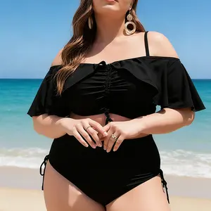 Plus Size Black Off Shoulder Ruffle 2 Piece Swimsuit High Waist Bikini Set with Drawstring Detail for Curvy Women