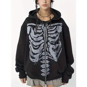 Y2K Skeleton Print Zip Up Hoodie Women's Oversized Sweatshirt Jacket with Pocket Long Sleeve Polyester Fabric Knit Pullover KN28986 Tops