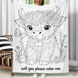 Highland Cow Themed DIY Coloring Blanket (No Markers Included) Color-Fillable Flannel Blanket A Perfect Gift for Children Fleece Throw with Custom-Dyed Fabric Soft Cozy Bedroom Decor Blankets Birthday Gifts Suitable for Friends, Family, and Partners