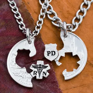 Police Shield and RN Nurse Couples Necklaces, Badge and Star of life, Relationship Jewelry, His and Her, Interlocking Hand Cut Coin